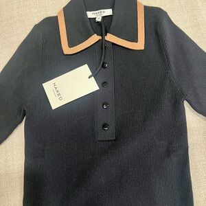 NWT NAKED Ribbed Black Polo with Tan Collar. XS